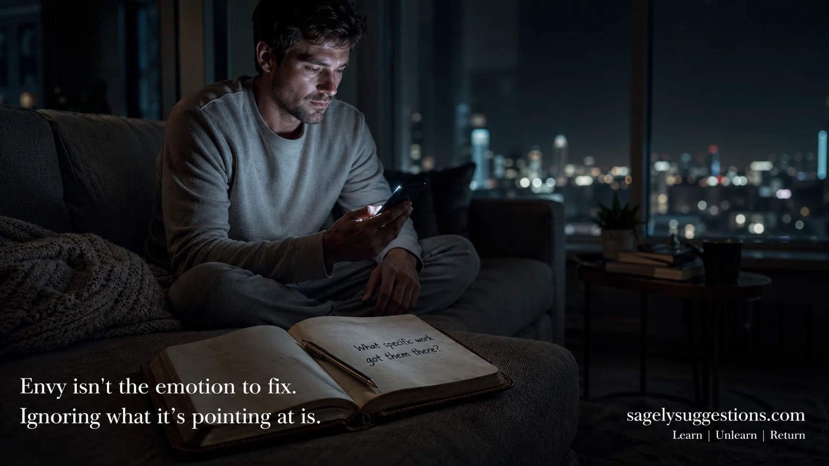 A contemplative person at night, phone glow on face, notebook open with "What specific work got them there?" handwritten, double-exposure compass overlay symbolizing benign envy as a motivational compass — behavioral science, emotional intelligence, career growth — sagelysuggestions.com