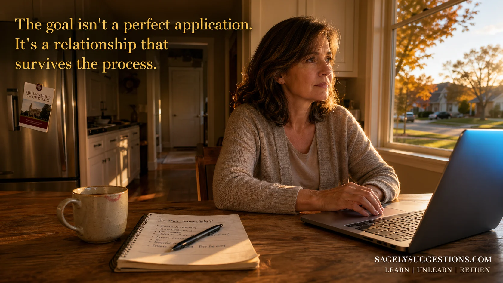 A suburban working mom pauses at her kitchen table during golden hour, laptop open, notebook with "Good Enough Decision Protocol" notes beside her; warm light, quiet street visible through window; practical tools for mom overthinking college applications at sagelysuggestions.com
