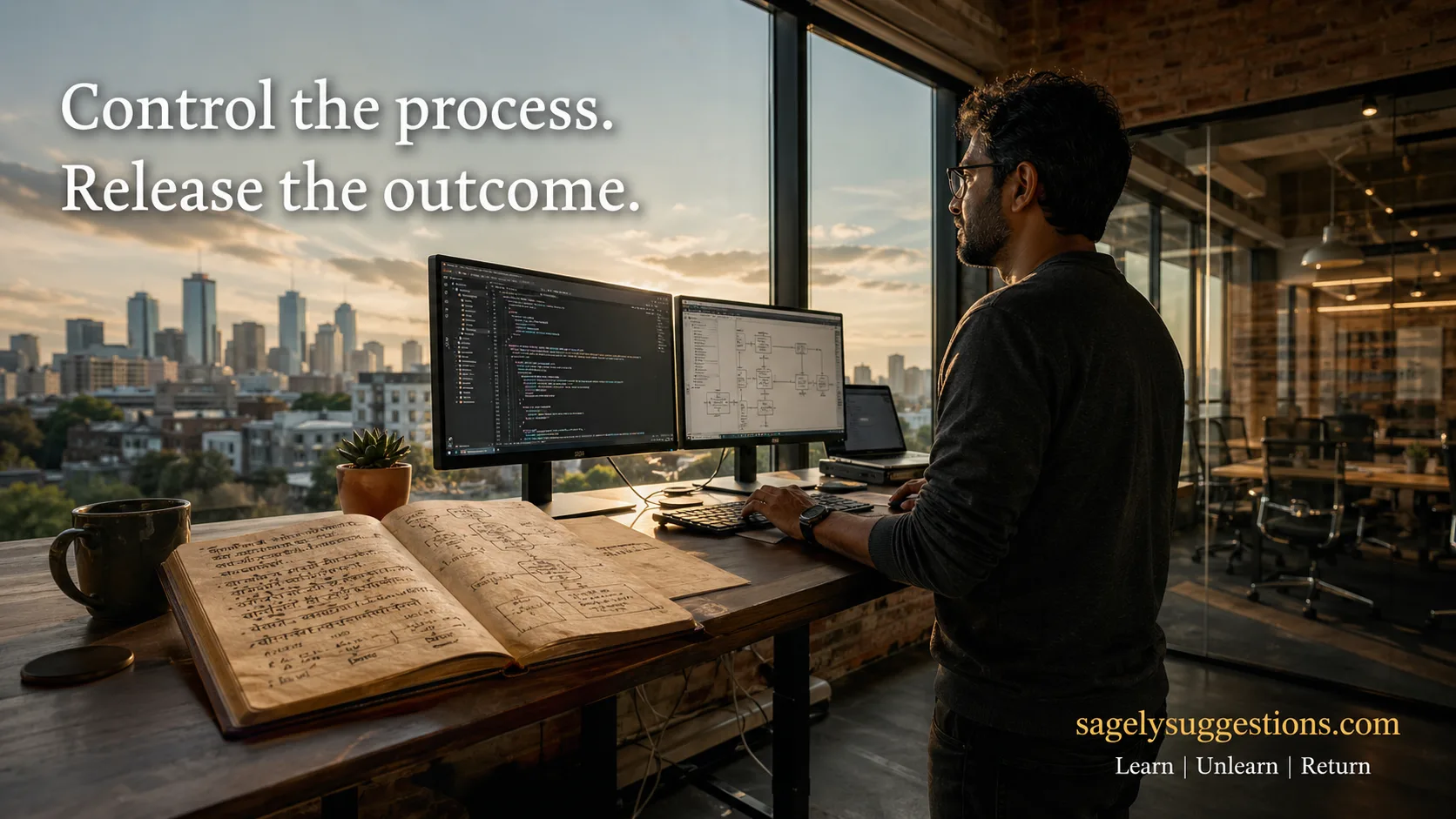 IT professional at modern standing desk with laptop and handwritten Bhagavad Gita verses, morning light through office windows, double exposure with ancient manuscript texture, demonstrating Karma Yoga principles for IT leadership and decision fatigue management at sagelysuggestions.com