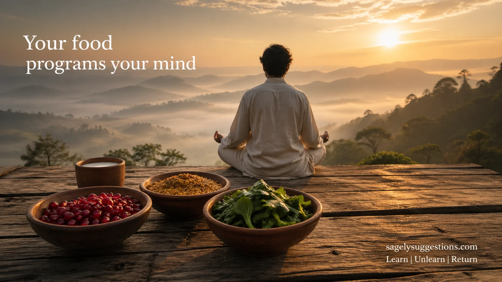 Meditation figure at dawn with sattvic foods in terracotta bowls overlooking misty valley, illustrating three gunas and conscious eating principles from vedic wisdom at sagelysuggestions.com