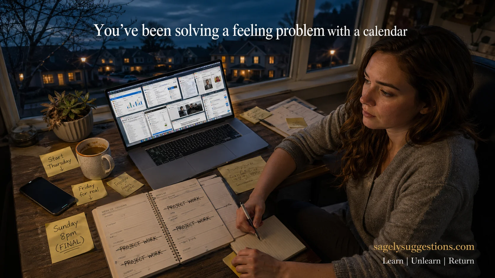 Overhead view of young woman at cluttered desk during Sunday evening procrastination moment with laptop tabs, crossed-out planner, sticky notes showing rescheduled deadlines, natural dusk lighting — behavioral science reveals procrastination is emotion regulation not time management | sagelysuggestions.com
