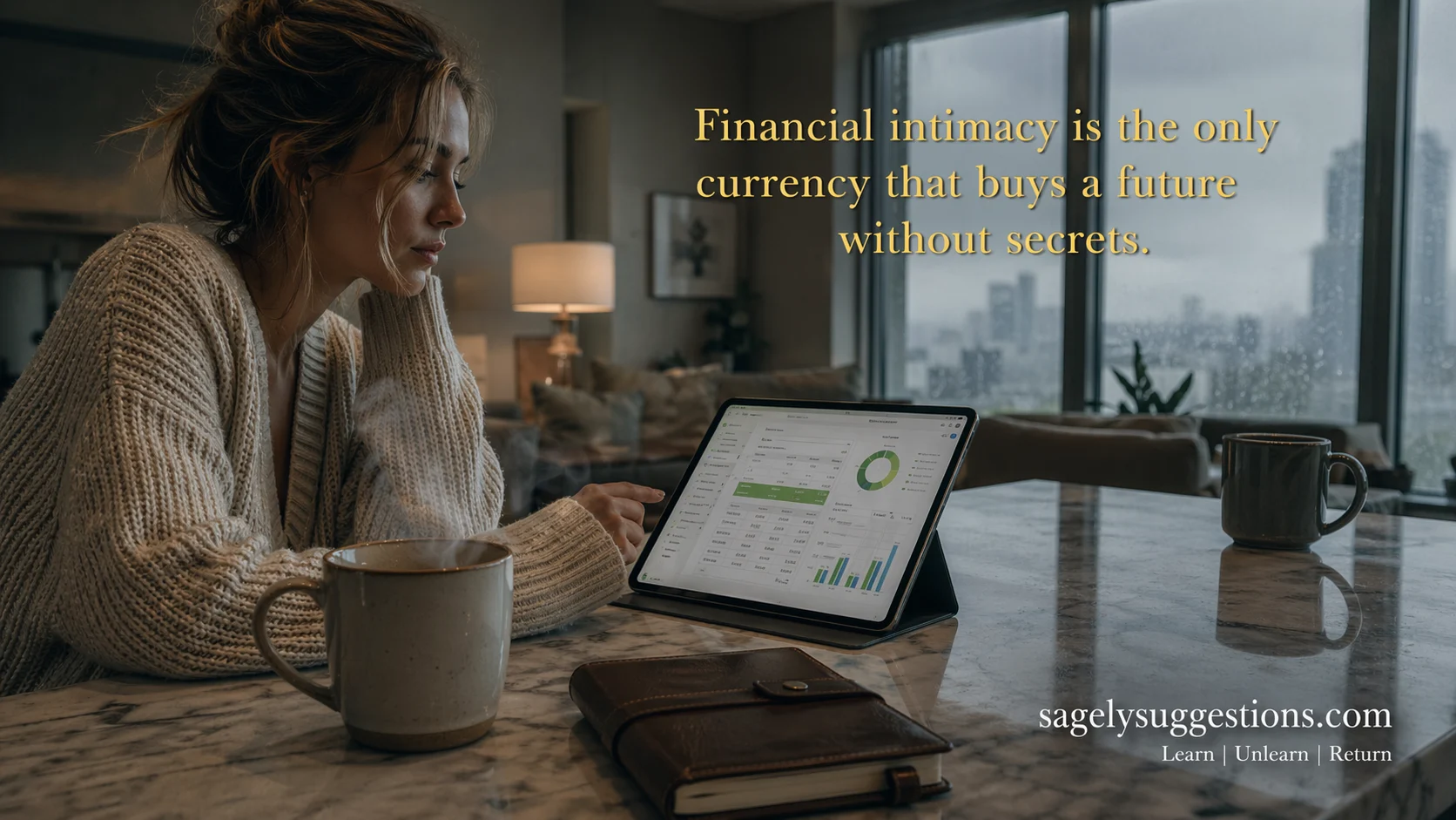 A close-up lifestyle shot of a woman in her 20s practicing financial transparency in relationships by reviewing a budget on a tablet in a modern kitchen. High-end interior with a soft morning mood. sagelysuggestions.com