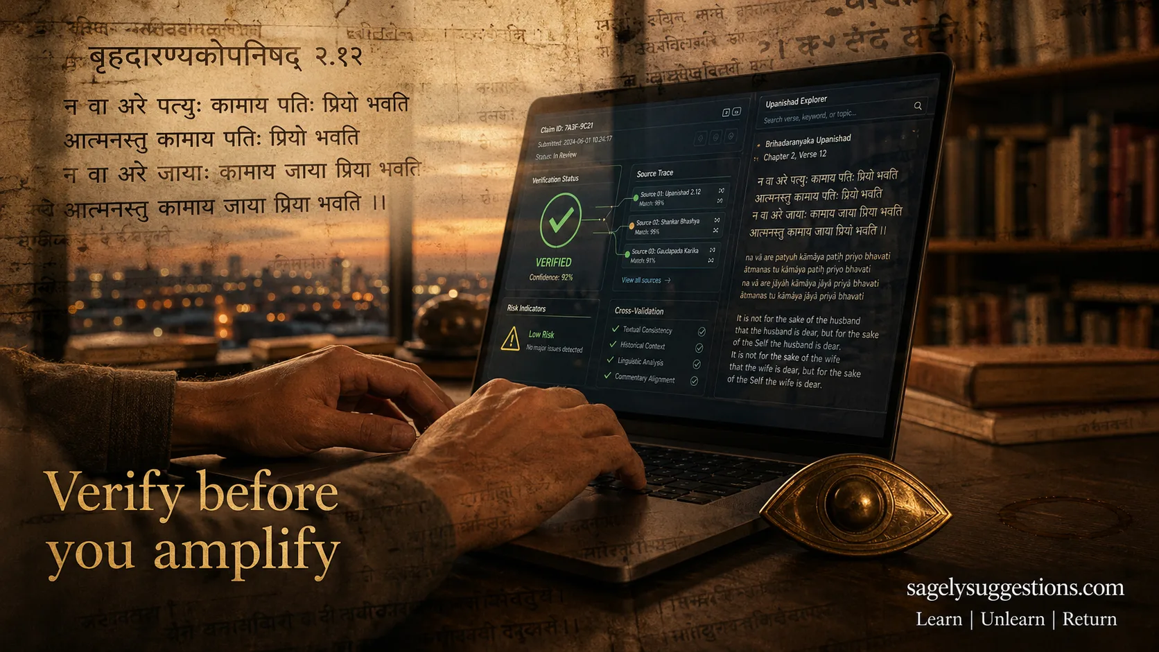 Double-exposure photograph merging ancient Manusmṛti manuscript with modern digital verification interface, illustrating four-pillar evidence framework for digital literacy and deepfake detection | sagelysuggestions.com