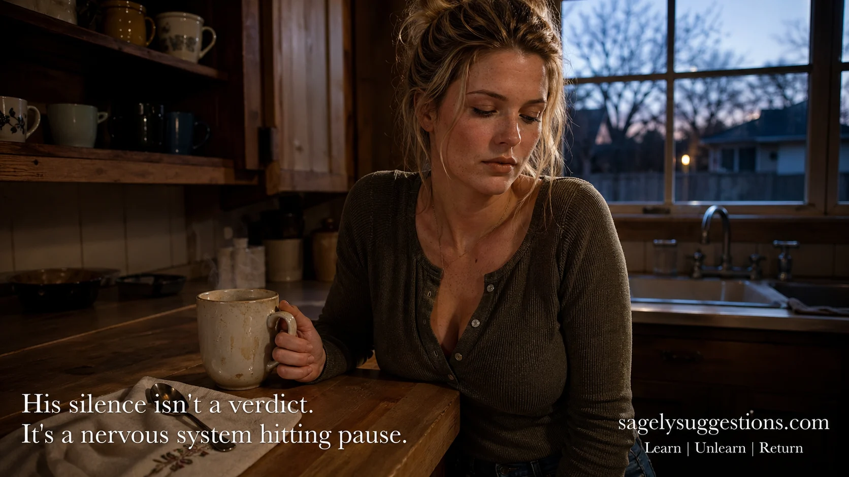 A contemplative newlywed wife in a softly lit kitchen at dusk, illustrating husband shuts down communication and Gottman flooding technique for emotional intimacy after wedding — sagelysuggestions.com