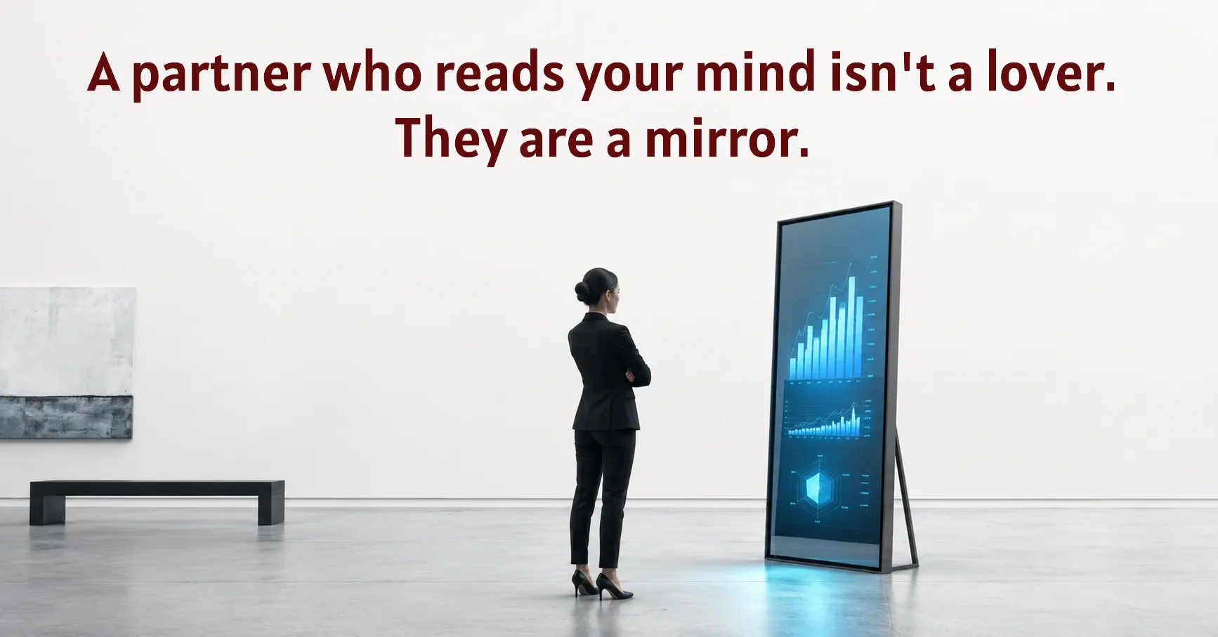 A minimalist gallery scene showing a woman looking at a mirror reflecting glowing blue corporate graphs instead of her image