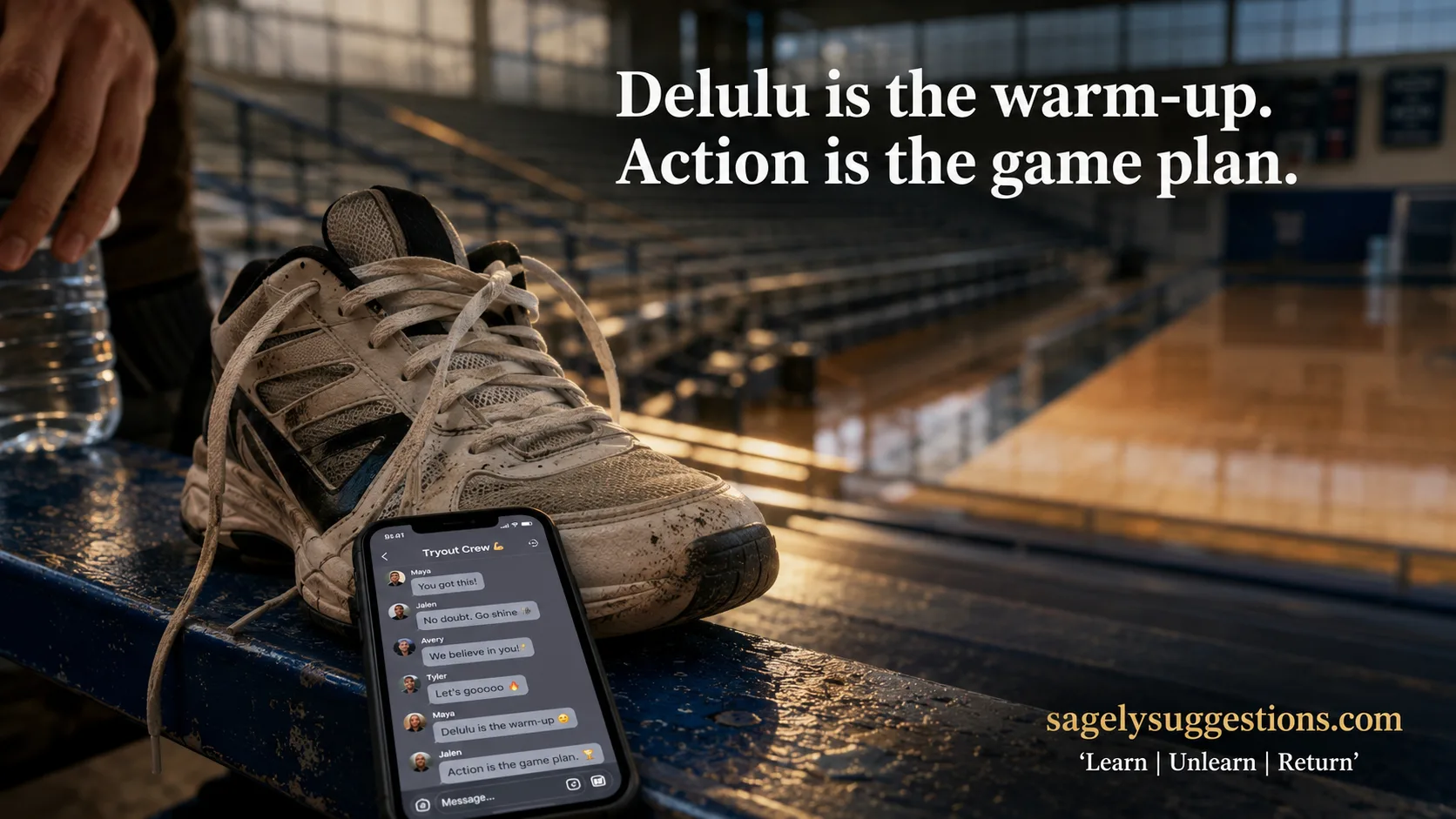 Close-up of a sneaker and phone on bleachers, illustrating the psychology of delulu, positive illusions, and the WOOP method for teen mental health, from sagelysuggestions.com