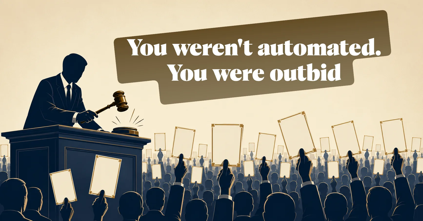 Editorial illustration of an auctioneer facing a crowd raising identical blank diplomas like auction paddles, illustrating 'outbid, not automated