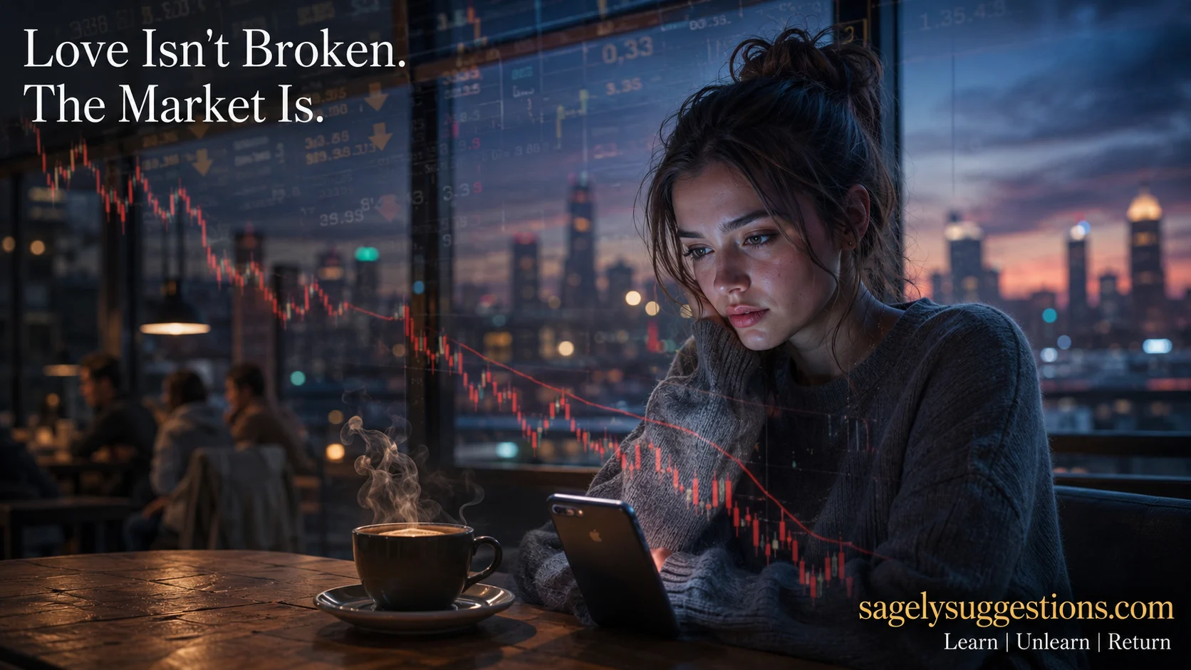 Woman in cafe looking at phone with stock market overlay, illustrating the dating recession concept on sagelysuggestions.com