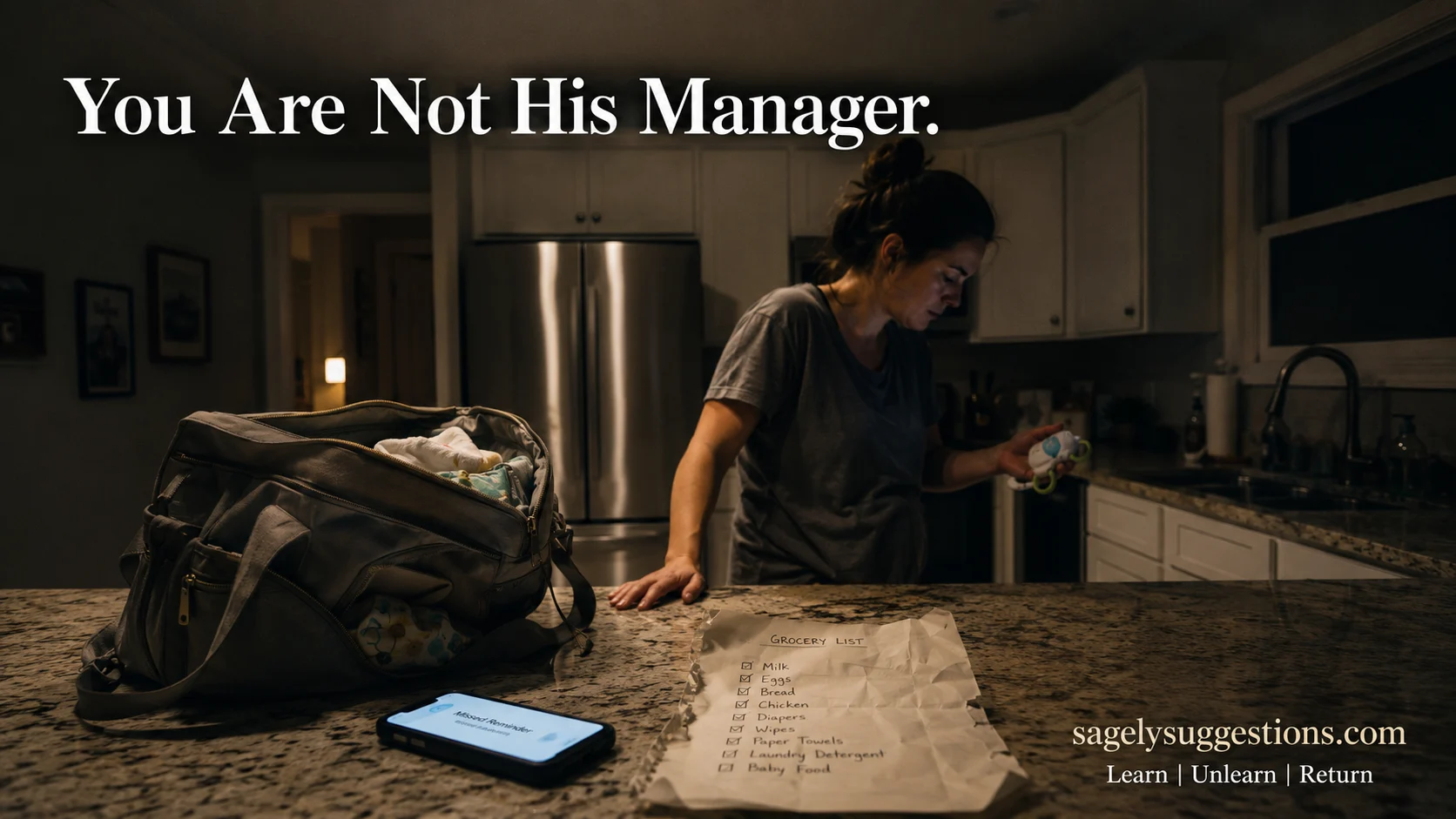 A tired woman standing in a softly lit kitchen at night, looking at a glowing phone and half-checked grocery list on the counter, illustrating the mental load and weaponized incompetence in marriage.