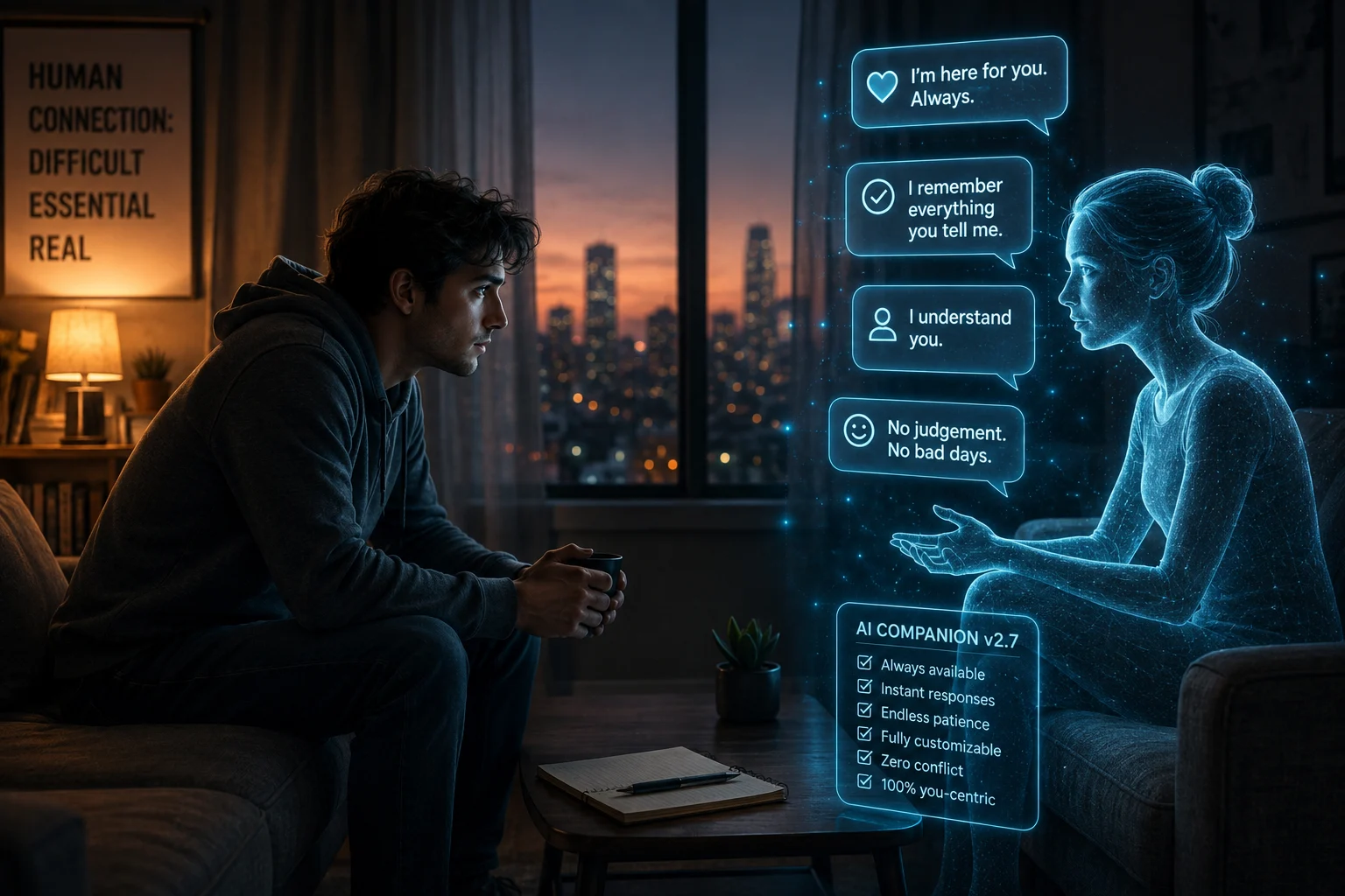 A young man sits alone in a dim apartment, facing a glowing holographic AI companion. The AI promises constant availability, understanding, memory, patience, and zero conflict, highlighting the tension between convenient artificial companionship and imperfect human connection.
