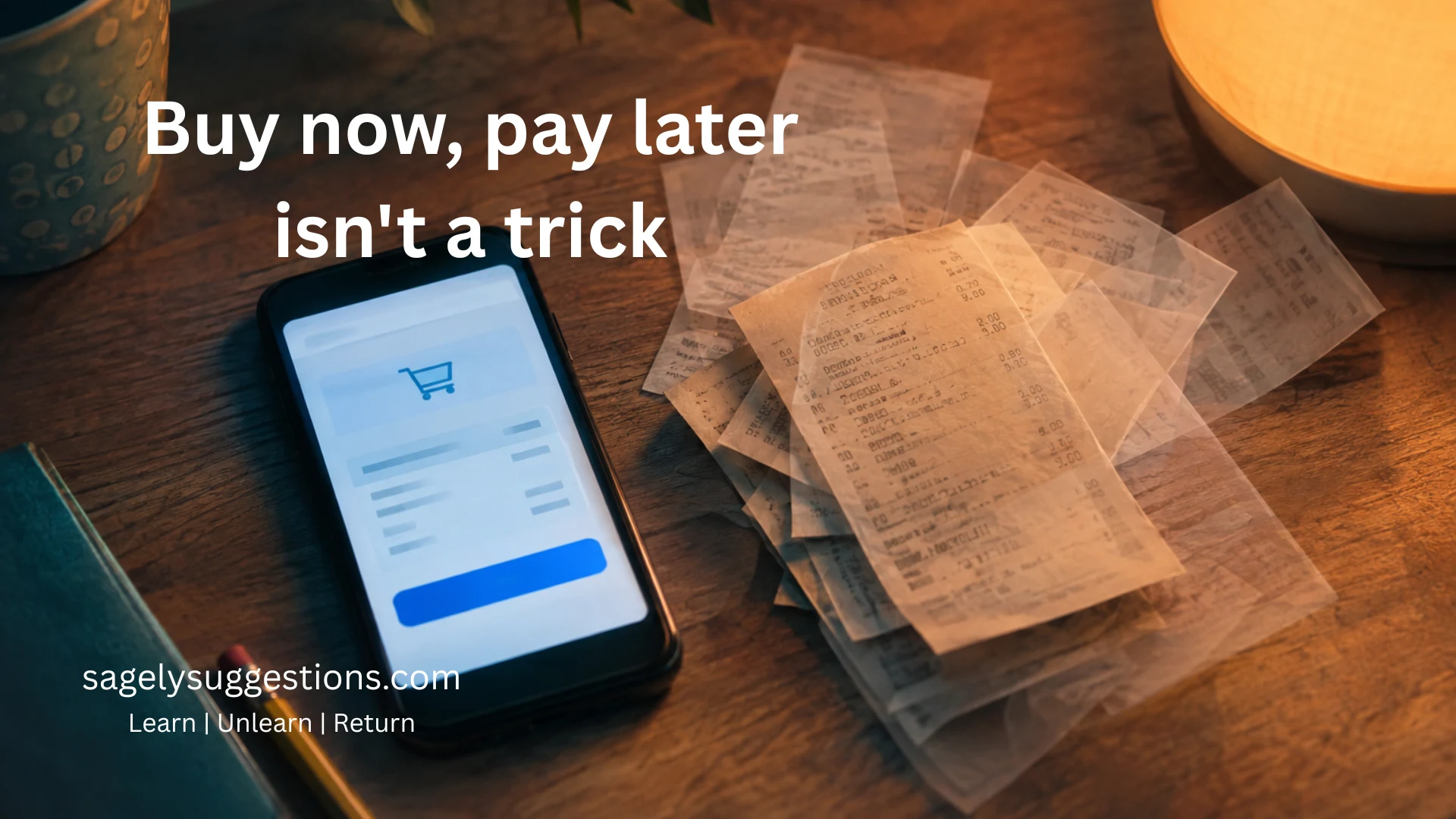 Buy now pay later checkout glowing beside fading receipts on kitchen table at night