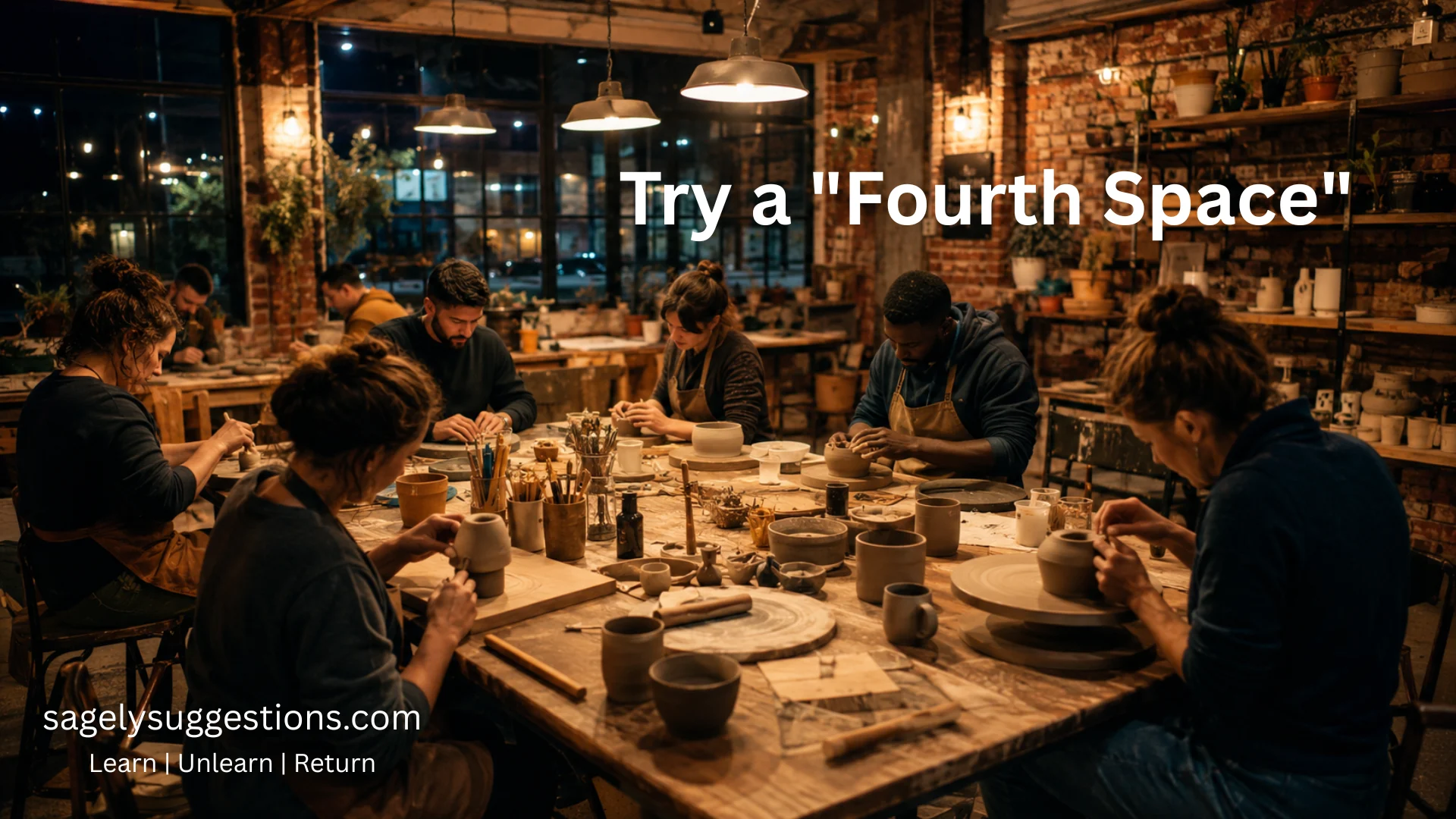Diverse adults gathered around a wooden table in a cozy community workshop, engaging in a shared hands-on hobby under warm pendant lights.