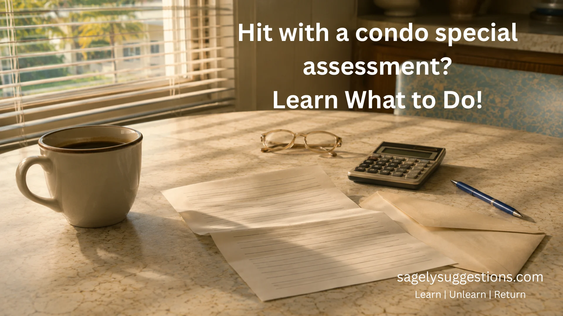 Opened HOA special assessment letter on a condo kitchen table beside a calculator, reading glasses, and cold coffee
