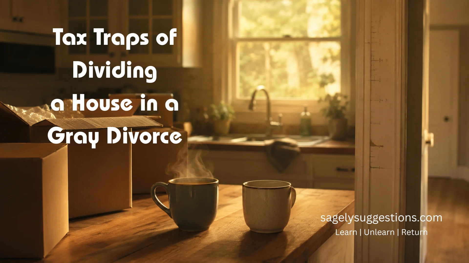Half-packed kitchen in a suburban home at golden hour, evoking the tax traps of dividing a house in a gray divorce.