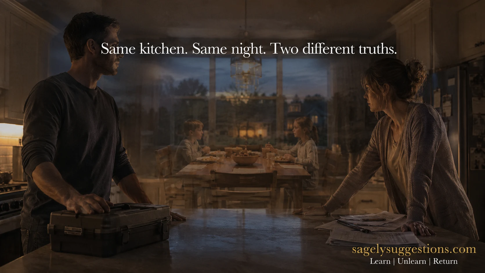 Married couple in double-exposure kitchen scene illustrating his side her side marriage communication and mental load — sagelysuggestions.com