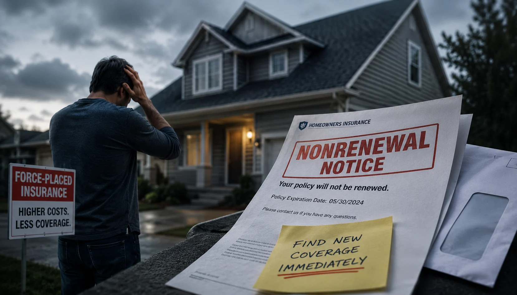 A worried homeowner stands outside his house under stormy skies as a prominent “Nonrenewal Notice” from the insurance company warns that his homeowners policy will not be renewed. A nearby sign warns of higher costs and less coverage from force-placed insurance.