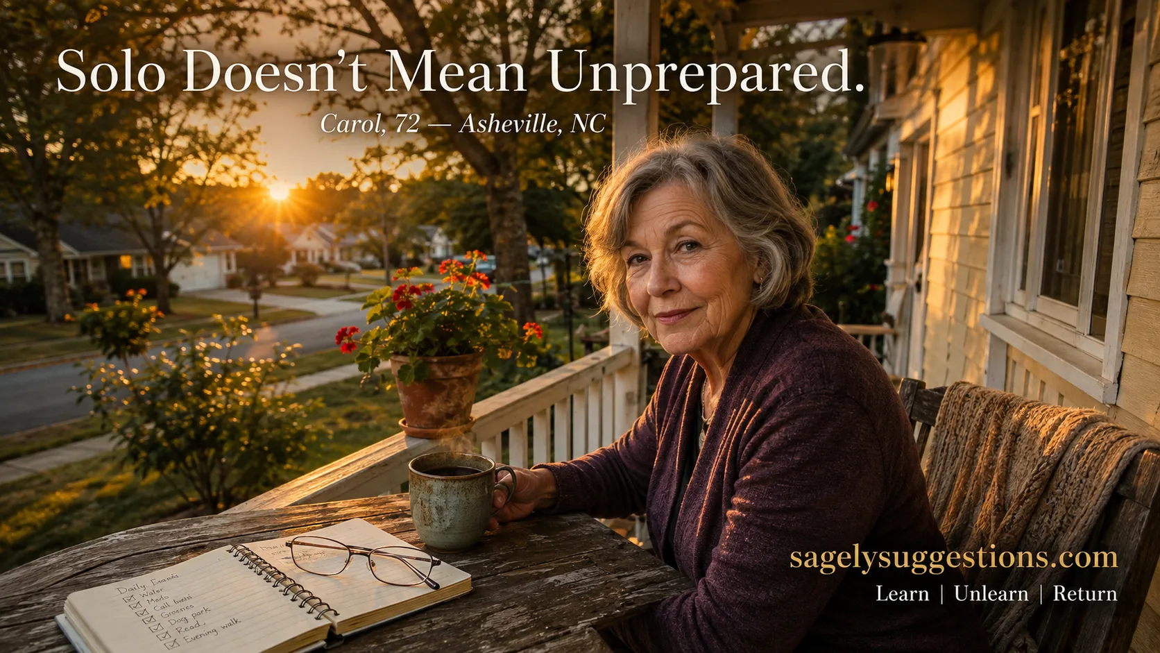Older woman aging without children reviews solo aging checklist on her porch at golden hour — sagelysuggestions.com