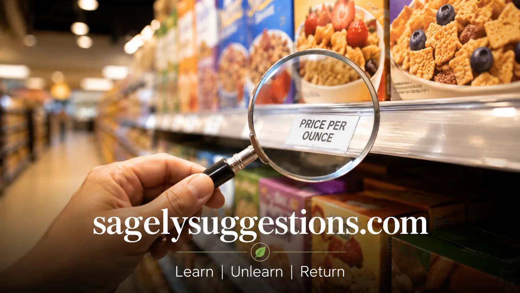 Shopper examining the unit price tag on a grocery store shelf to combat shrinkflation and save money on food.