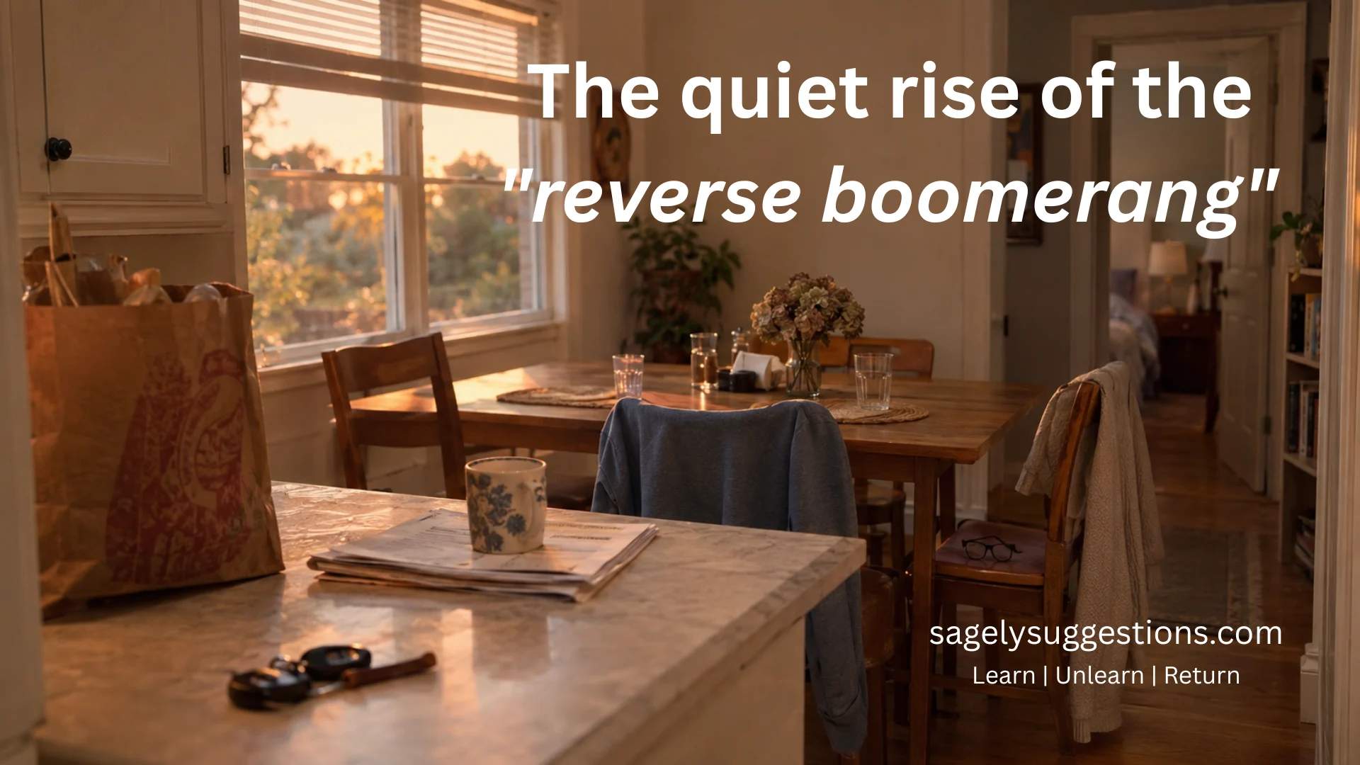 Suburban kitchen at dusk with three set places at a wooden table, grocery bag and medical paperwork on the counter, evoking a multigenerational household