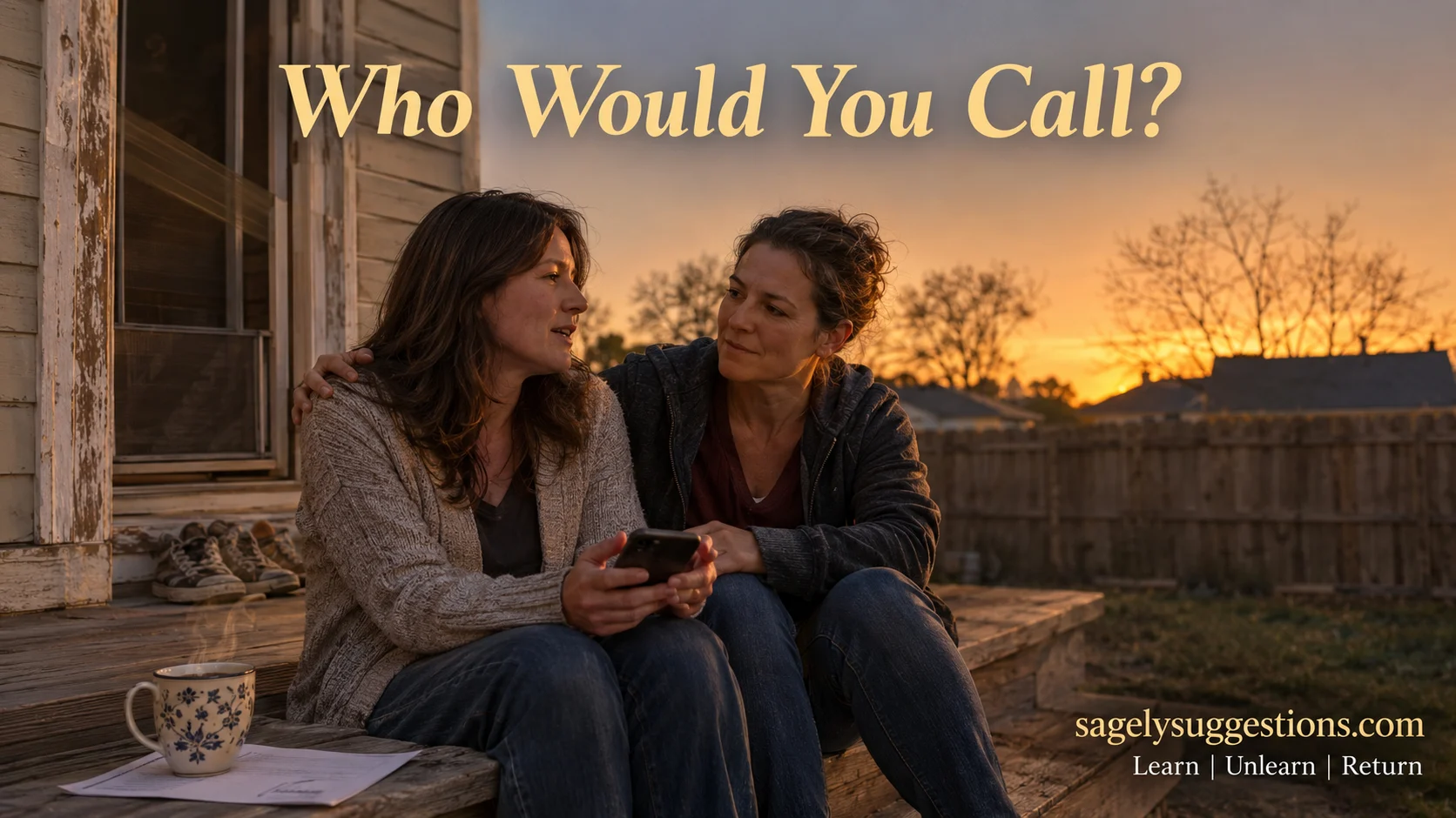 Two friends sit on a porch at golden hour discussing a designated person and health care proxy document, illustrating chosen family emergency contact planning — sagelysuggestions.com