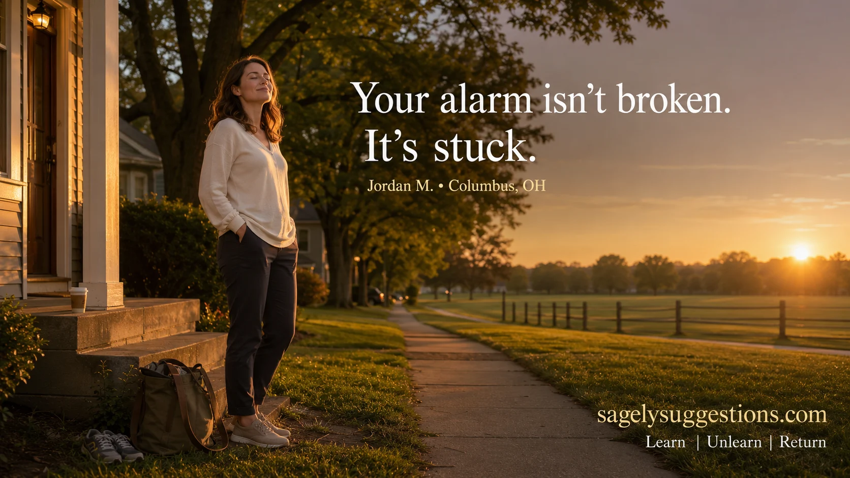 Woman in her early thirties facing the camera mid-slow exhale on a golden-hour suburban sidewalk, shoulders relaxing as her laptop bag rests in the grass — a nervous system regulation moment after a long workday. How to regulate your nervous system when you're wired but tired. sagelysuggestions.com