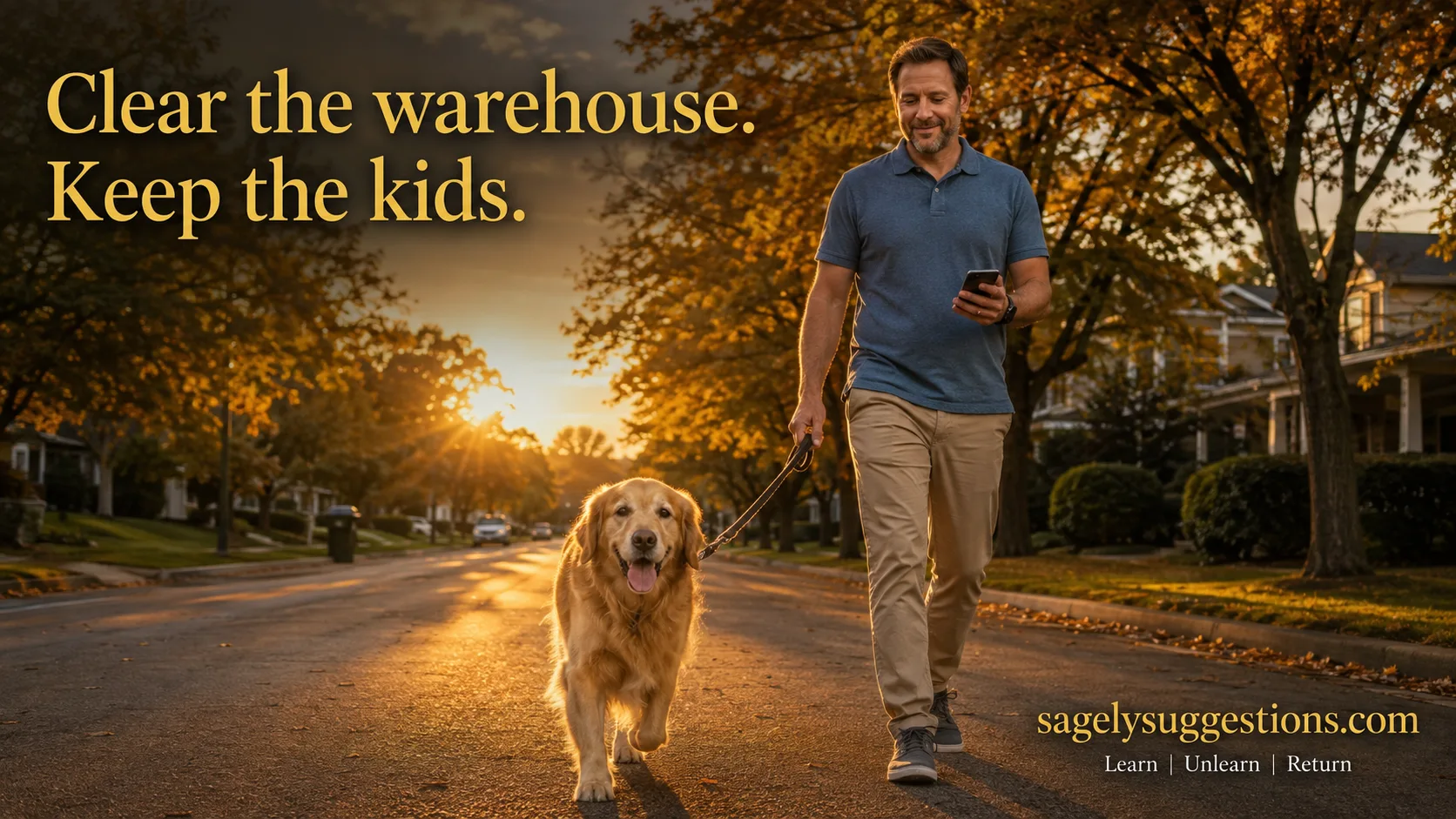 A golden hour photograph of a suburban dad walking his dog on a quiet street at sunset, symbolizing simple lifestyle changes for reversing MASLD (fatty liver disease) at sagelysuggestions.com