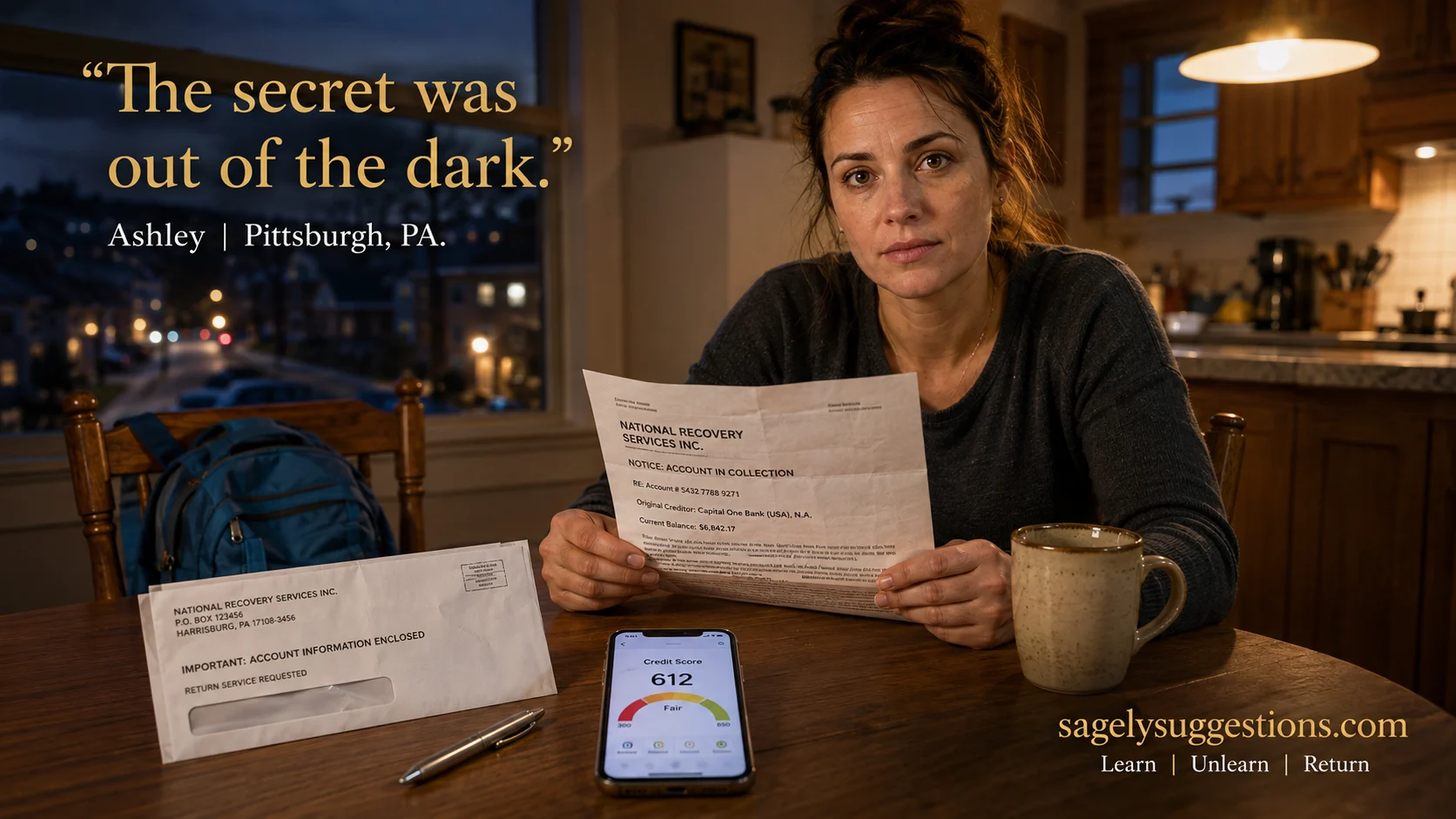 Macro focus photography of a woman sitting at a wooden kitchen table at twilight, holding a collections letter about hidden debt, with sagelysuggestions.com visible on screen.