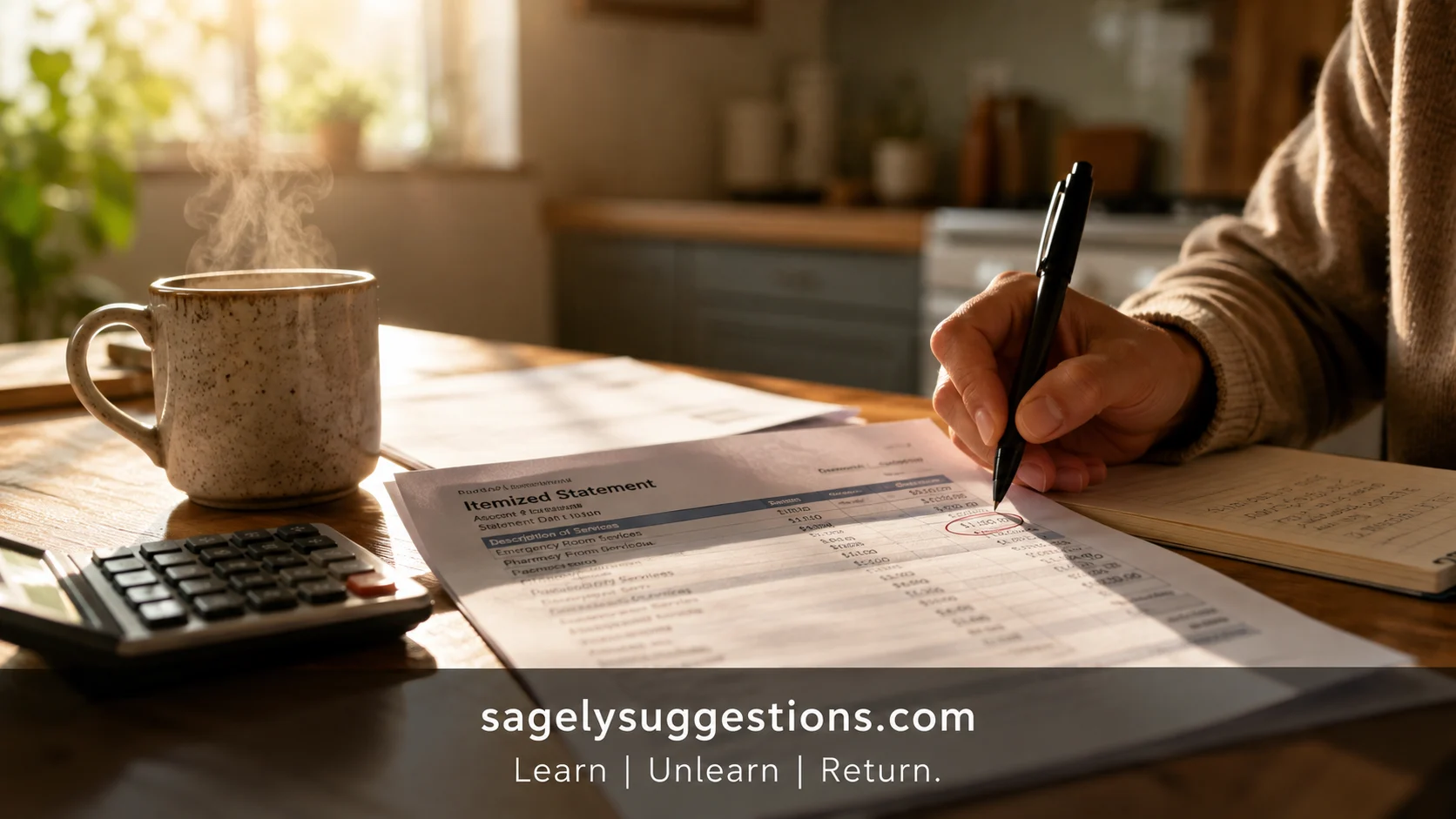 Hand reviewing an itemized medical bill at a sunlit kitchen table with a calculator and coffee