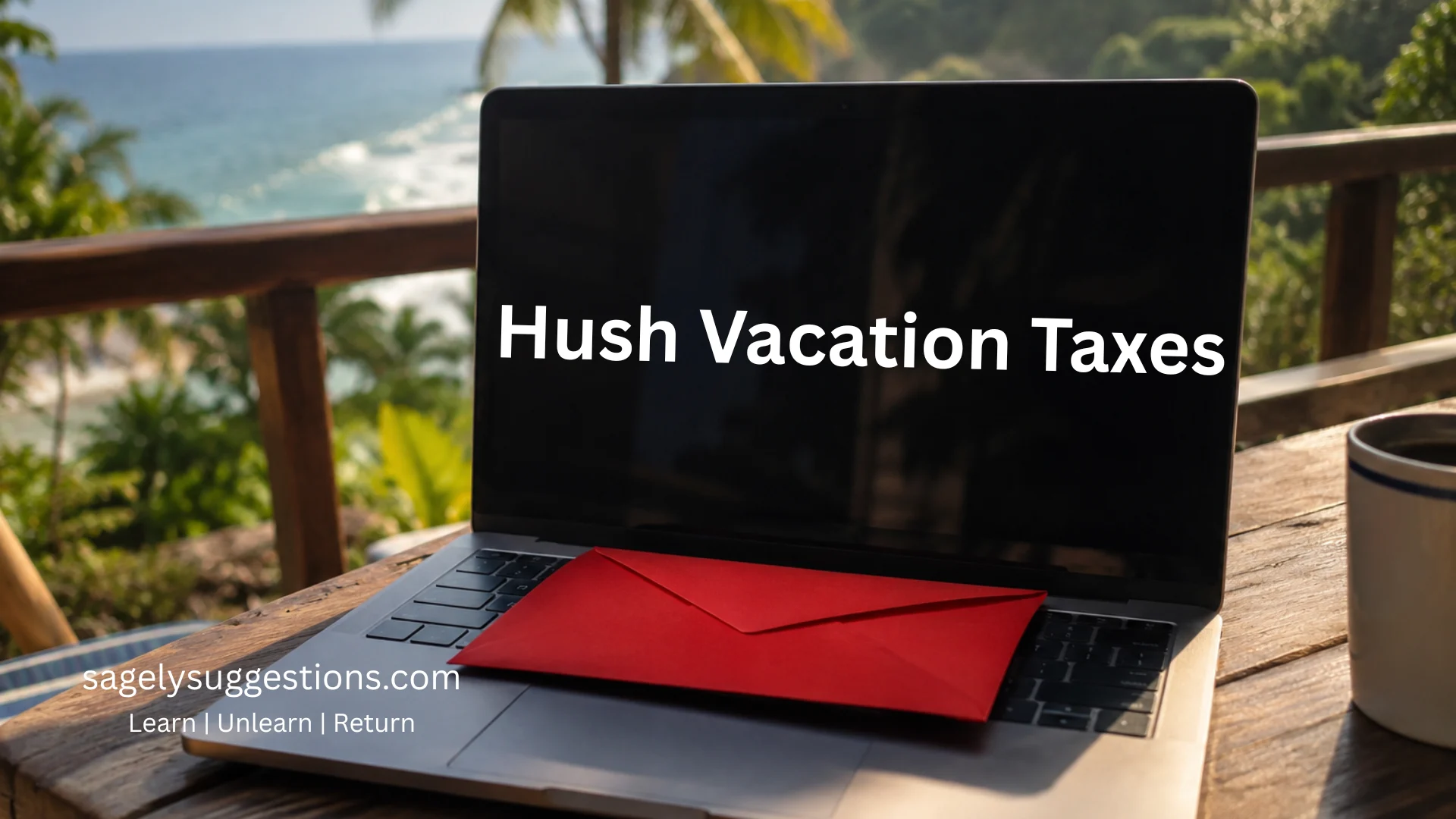 A red government tax envelope resting on a laptop keyboard outdoors, symbolizing the hidden financial risks of working a secret hush vacation.