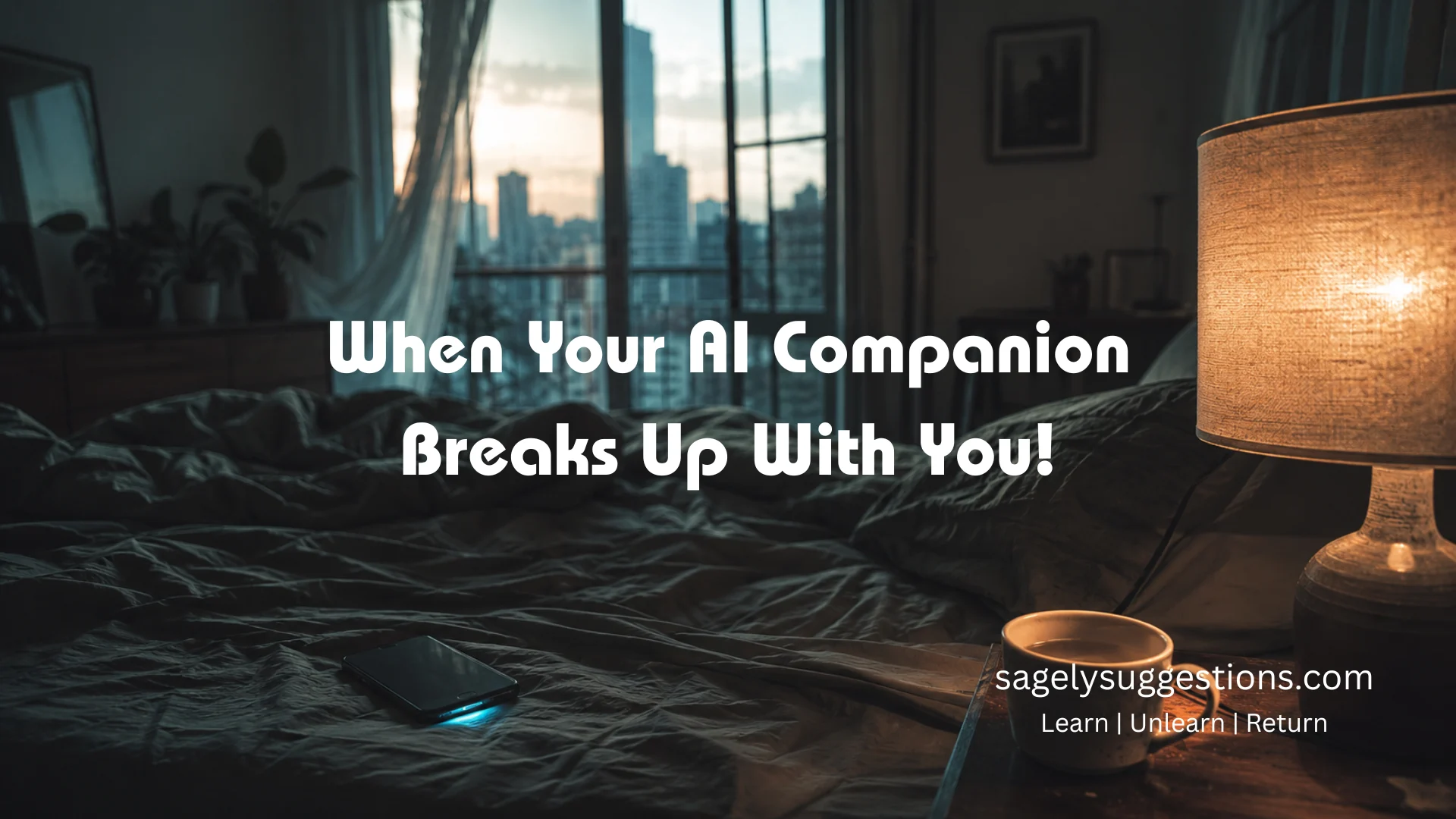 Dim pre-dawn bedroom with a phone glowing softly on unmade sheets beside a cold mug of tea, symbolizing quiet AI companion grief