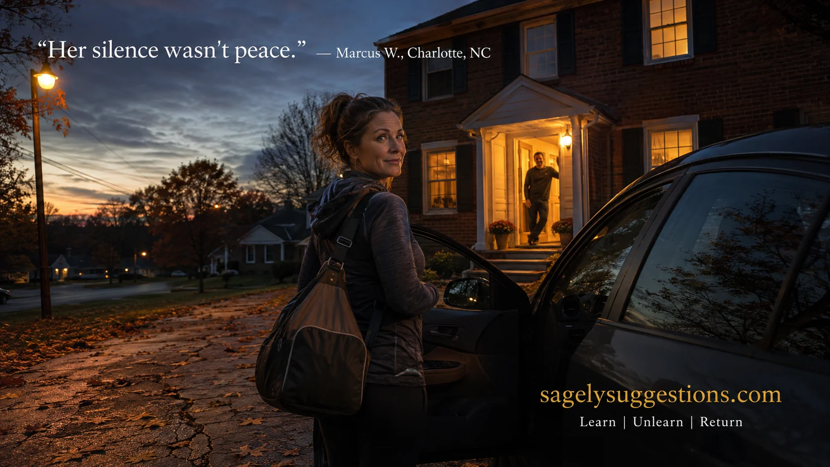 Wife pausing at car with gym bag, signs your wife has checked out of the marriage — sagelysuggestions.com