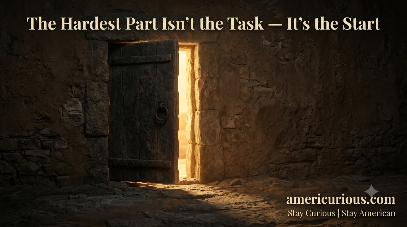 A single weathered stone door, built into a rough earthen wall — the door stands barely ajar, just a hand's width open, with warm golden light spilling through the narrow gap into a dim foreground while the sunlit world beyond remains only partially visible.