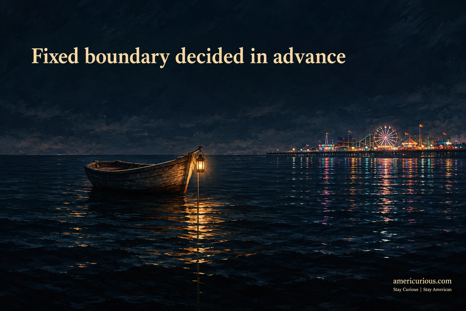 a small anchored boat at night, calm on a dark tide, while a distant shoreline glows with the restless, flickering pull of a carnival. The anchor line is the "fixed boundary decided in advance"; the far glow is the engineered, variable-reward pull of the screen.