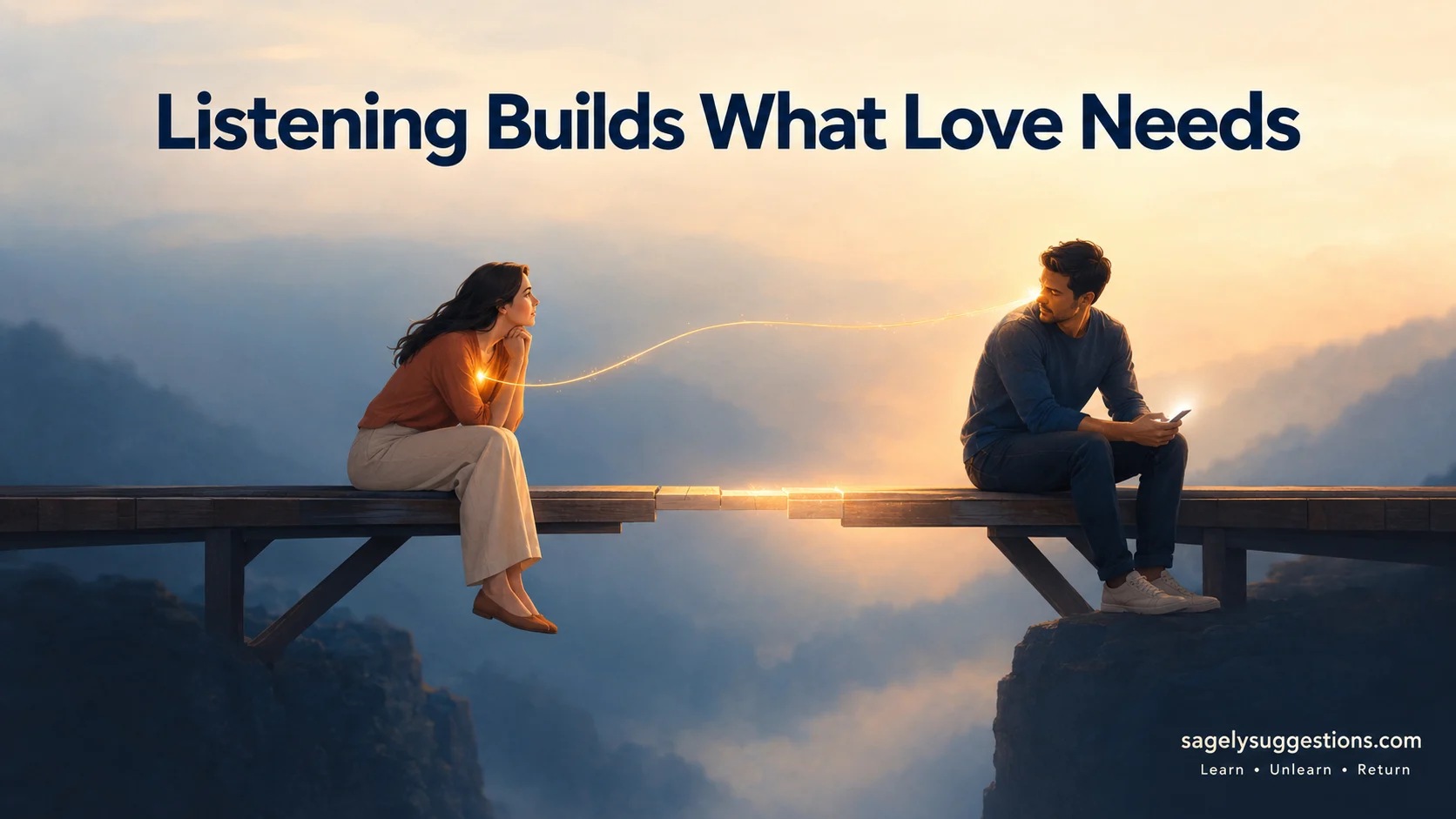 Conceptual illustration of a husband learning to listen to his wife as attention rebuilds emotional connection in marriage, with sagelysuggestions.com branding