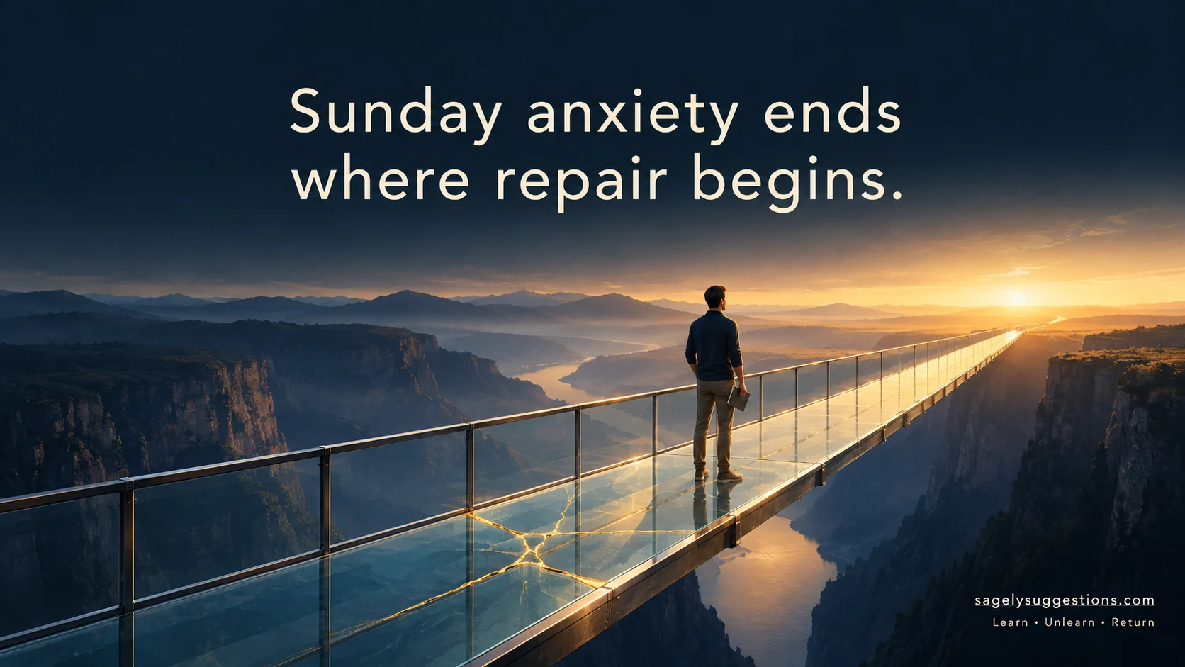 Sunday anxiety and Friday mistakes illustrated by a repaired golden glass bridge, symbolizing regret, accountability, and moving forward, with sagelysuggestions.com branding