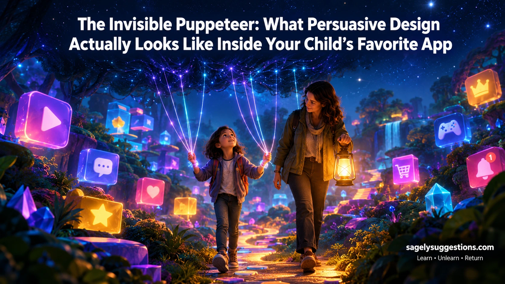 Conceptual illustration of a parent using a golden lantern to reveal hidden digital puppet strings attached to a child in a glowing, app-like forest, symbolizing persuasive design, dark patterns, and digital literacy in kids apps, featuring the article title and sagelysuggestions.com